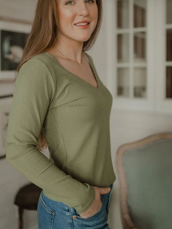 Chandail manche longue rib - V-neck rib bambou - Louve Design