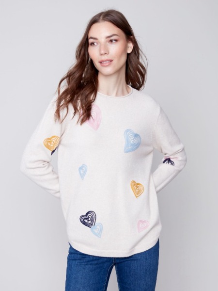 CHANDAIL TRICOT COL ROND COEURS BRODÉS