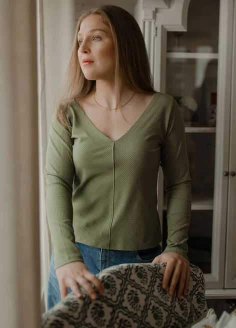 Chandail manche longue rib - V-neck rib bambou - Louve Design