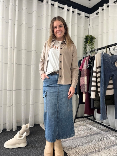 Jupe jeans cargo longueur midi