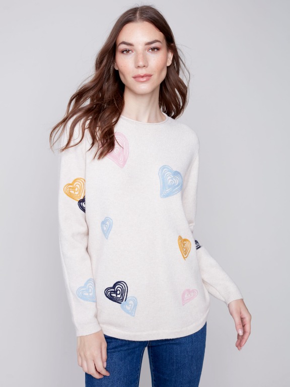 CHANDAIL TRICOT COL ROND COEURS BRODÉS