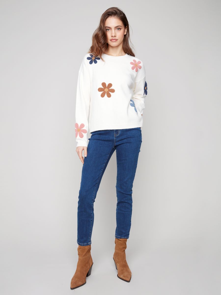 Chandail col rond fleurs