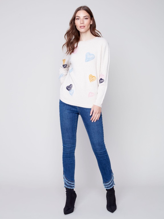 CHANDAIL TRICOT COL ROND COEURS BRODÉS