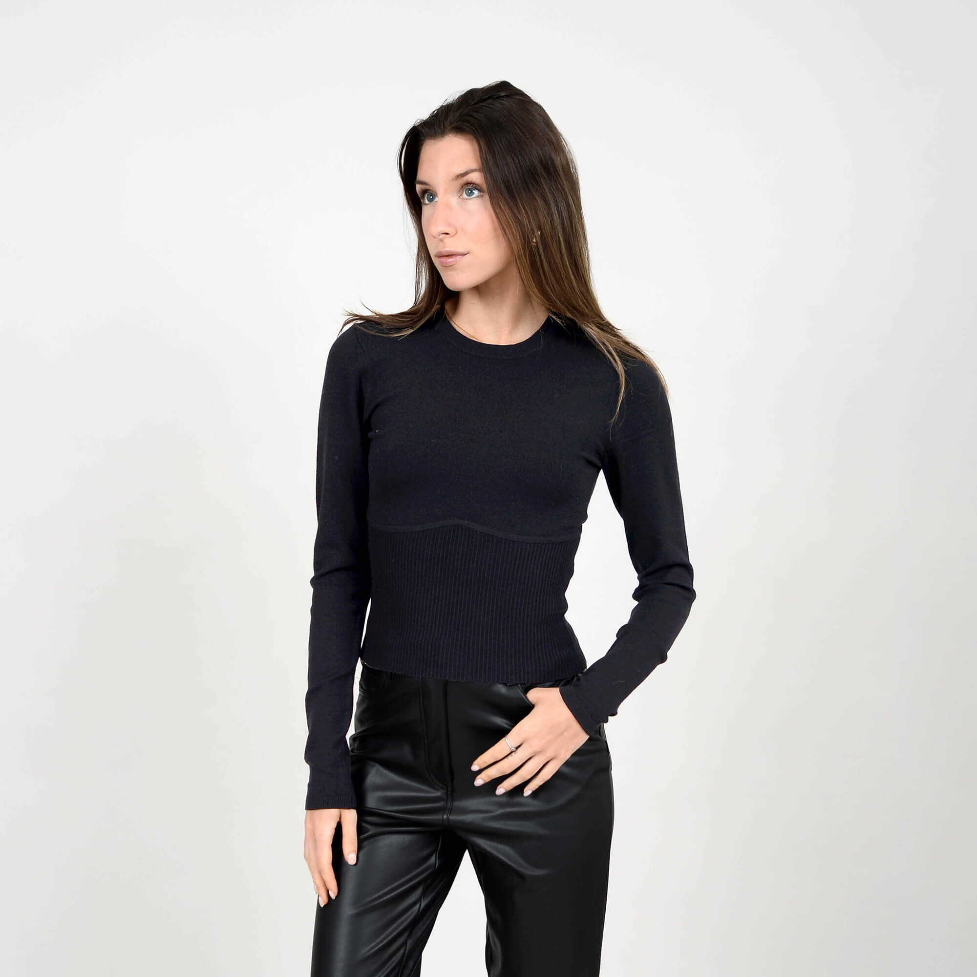 CHANDAIL TRICOT RIBBED COL ROND HAUT