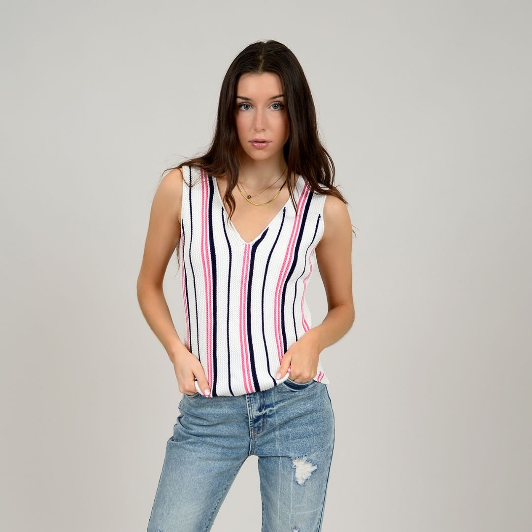 CAMISOLE TRICOT BLANCHE RAYURE COL V