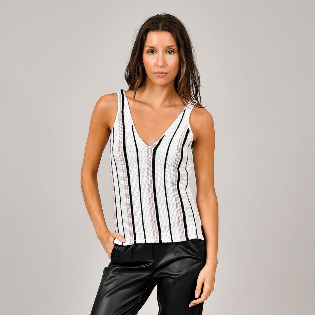 CAMISOLE TRICOT BLANCHE RAYURE COL V